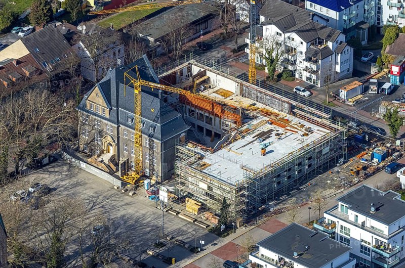 Aerial view, holzwickede construction site municipal administration, near protestant church Am Markt, market place, Freiberg, Holzwickede, Ruhr area, North Rhine-Westphalia, Germany, DE, Europe, birds-eyes view, aerial photography, aerial photography, aerial photography, overview, bird's eye view