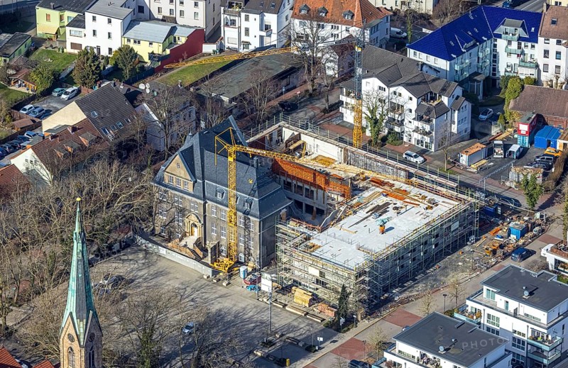 Aerial view, holzwickede construction site municipal administration, near protestant church Am Markt, market place, Freiberg, Holzwickede, Ruhr area, North Rhine-Westphalia, Germany, DE, Europe, birds-eyes view, aerial photography, aerial photography, aerial photography, overview, bird's eye view