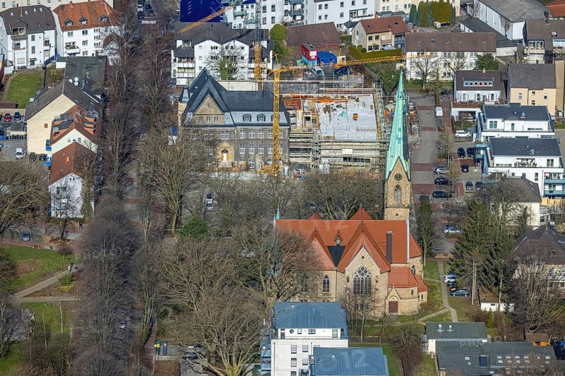 Aerial view, holzwickede construction site municipal administration, near protestant church Am Markt, market place, Freiberg, Holzwickede, Ruhr area, North Rhine-Westphalia, Germany, DE, Europe, birds-eyes view, aerial photography, aerial photography, aerial photography, overview, bird's eye view