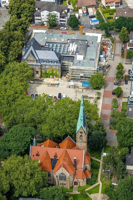 Aerial view, town hall Holzwickede, construction site and extension of the city administration, Evang. Church Am Markt, Freiberg, Holzwickede, Ruhr area, North Rhine-Westphalia, Germany, Am Markt, extension, place of worship, construction work, construction area, building site, building plots, construction project, construction site, DE, extension building, Europe, religious community, place of worship, holy place, church, parish, denomination, aerial view, aerial photography, aerial photography, new building, religion, religious site, overview, bird's eye view, birds-eyes view, overview