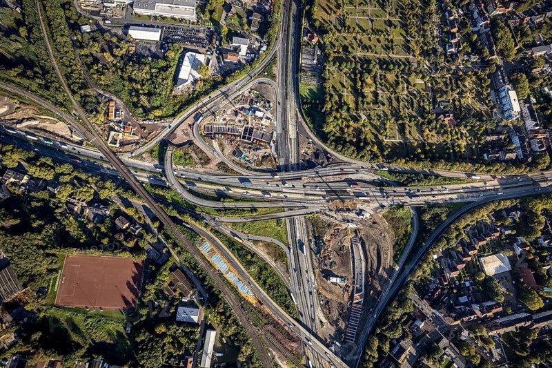 Aerial view, construction site with tunnel construction at the motorway junction Herne of the A42 and A43 in the district Baukau-West in Herne, Ruhr area, North Rhine-Westphalia, Germany, motorway, motorway junction, construction work, construction area, building site, building plots, construction project, construction site, DE, Europe, Herne, aerial view, aerial photography, aerial photography, overview, connecting tunnel, bird's-eye view, overview
