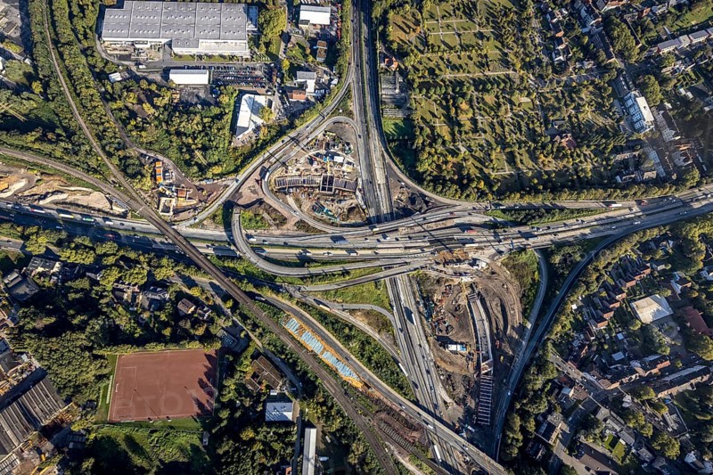 Aerial view, construction site with tunnel construction at the motorway junction Herne of the A42 and A43 in the district Baukau-West in Herne, Ruhr area, North Rhine-Westphalia, Germany, motorway, motorway junction, construction work, construction area, building site, building plots, construction project, construction site, DE, Europe, Herne, aerial view, aerial photography, aerial photography, overview, connecting tunnel, bird's-eye view, overview