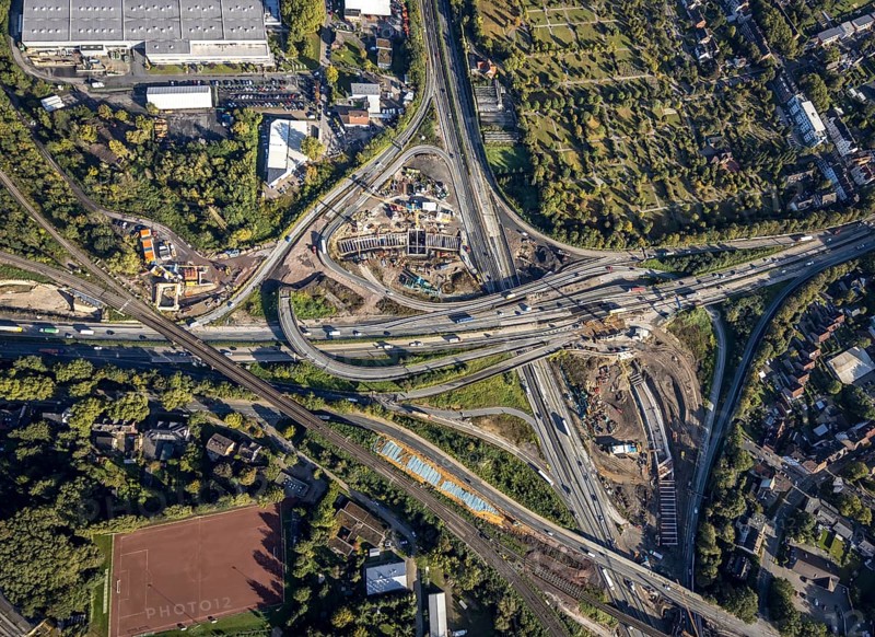 Aerial view, construction site with tunnel construction at the motorway junction Herne of the A42 and A43 in the district Baukau-West in Herne, Ruhr area, North Rhine-Westphalia, Germany, motorway, motorway junction, construction work, construction area, building site, building plots, construction project, construction site, DE, Europe, Herne, aerial view, aerial photography, aerial photography, overview, connecting tunnel, bird's-eye view, overview