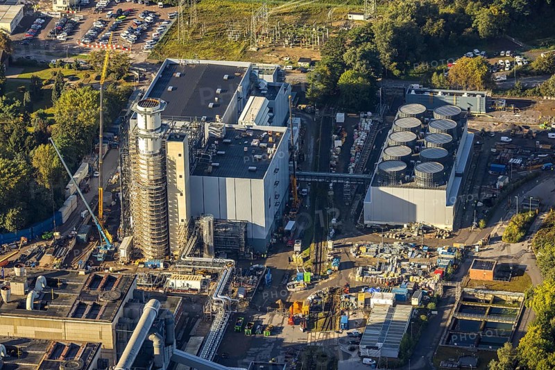 Aerial view, STEAG Herne CHP plant with construction project gas and steam power plant GuD Herne in the district Baukau-West in Herne, Ruhr area, North Rhine-Westphalia, Germany, construction work, construction area, construction site, building site, construction project, construction project, construction site, DE, Europe, Herne, power plant, aerial view, aerial photography, aerial photography, new building, overview, bird's-eye view, overview