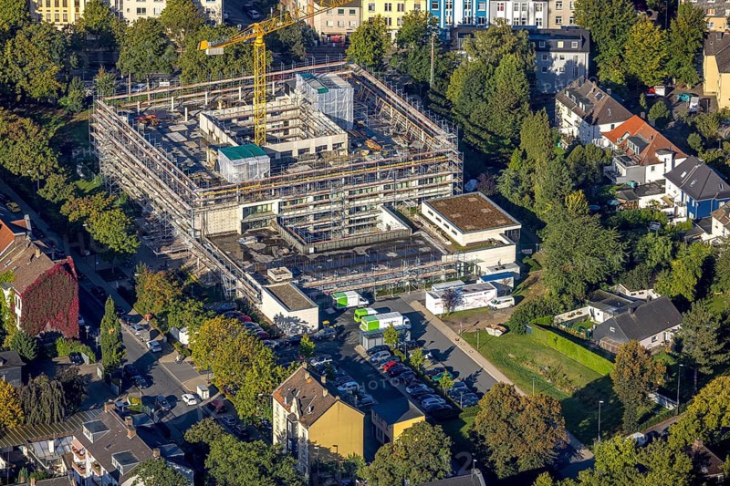 Aerial view, construction site and expansion of the Rheumatism Centre Ruhr Area in the St. Elisabeth Group in the Wanne district of Herne, Ruhr Area, North Rhine-Westphalia, Germany, construction work, construction area, construction site, building plot, construction project, construction site, DE, Europe, Herne, Katholische Kliniken Rhein-Ruhr, aerial photograph, aerial photography, aerial photography, new building, overview, bird's-eye view, overview