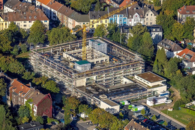 Aerial view, construction site and expansion of the Rheumatism Centre Ruhr Area in the St. Elisabeth Group in the Wanne district of Herne, Ruhr Area, North Rhine-Westphalia, Germany, construction work, construction area, construction site, building plot, construction project, construction site, DE, Europe, Herne, Katholische Kliniken Rhein-Ruhr, aerial photograph, aerial photography, aerial photography, new building, overview, bird's-eye view, overview