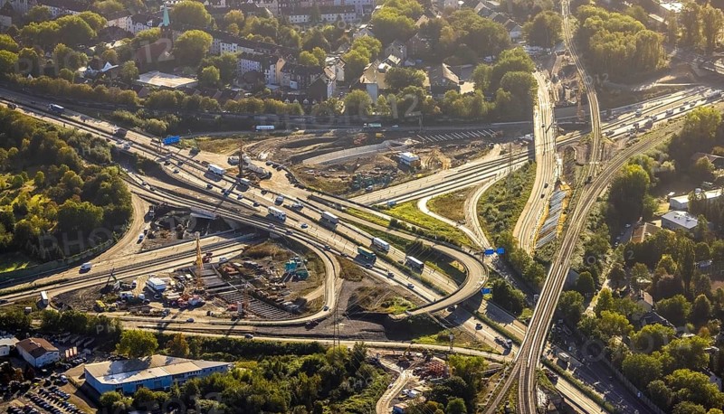 Aerial view, construction site with tunnel construction at the motorway junction Herne of the A42 and A43 in the district Baukau-West in Herne, Ruhr area, North Rhine-Westphalia, Germany, motorway, motorway junction, construction work, construction area, building site, building plots, construction project, construction site, DE, Europe, Herne, aerial view, aerial photography, aerial photography, overview, connecting tunnel, bird's-eye view, overview