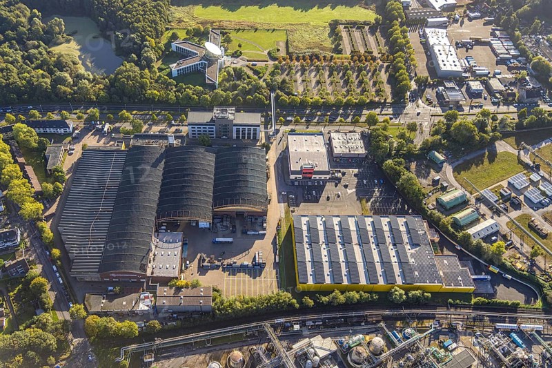 Aerial view, commercial area with ENEXIO Germany and Poco pick-up warehouse in the district Eickel in Herne, Ruhr area, North Rhine-Westphalia, Germany, DE, Europe, commercial enterprises, commercial area, commercial location, commercial use, Herne, industrial area, industrial location, aerial photograph, aerial photography, aerial photography, overview, bird's-eye view, bird's-eye view, overview