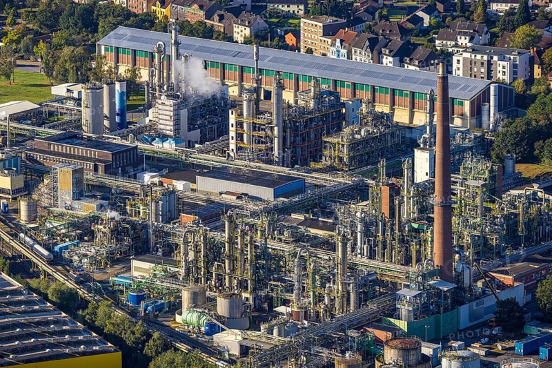 Aerial view, Evonik Industries AG in the district Eickel in Herne, Ruhr area, North Rhine-Westphalia, Germany, DE, Europe, commercial enterprises, commercial area, commercial site, commercial use, Herne, industrial area, industrial building, industrial site, aerial photograph, aerial photography, aerial photography, overview, bird's-eye view, overview