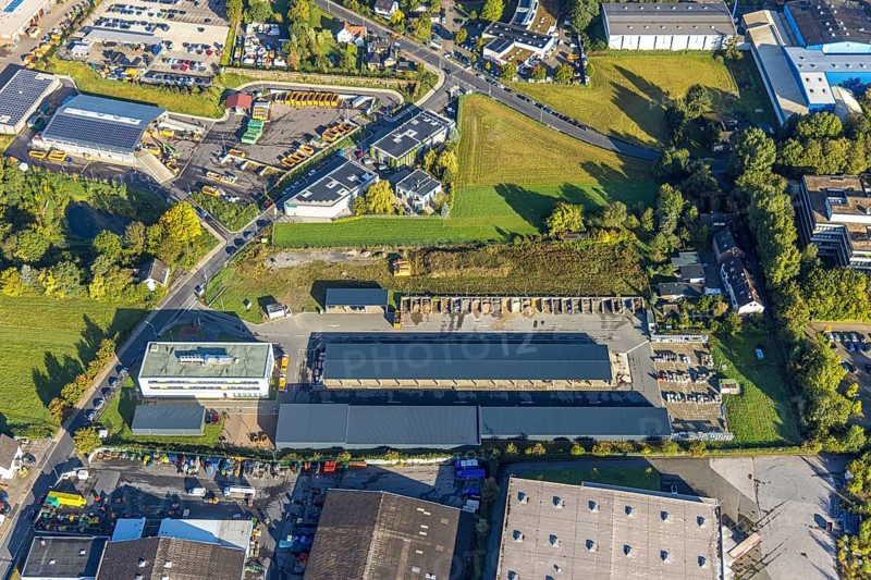 Aerial view, recycling centre Herne and new central depot on Meesmannstraße in the district of Holsterhausen in Herne, Ruhr area, North Rhine-Westphalia, Germany, DE, Europe, commercial enterprises, commercial area, commercial site, commercial use, Herne, aerial view, aerial photography, aerial photography, recycling centre, overview, bird's eye view, recycling centre Herne, birds-eyes view, overview