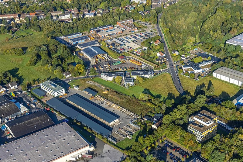 Aerial view, Herne recycling centre and new central depot on Meesmannstraße in the district of Holsterhausen in Herne, Ruhr area, North Rhine-Westphalia, Germany, DE, Europe, commercial enterprises, commercial area, commercial site, commercial use, Herne, vehicle licensing authority, aerial view, aerial photography, aerial photography, recycling centre, overview, bird's eye view, Herne recycling centre, bird's eye view, overview