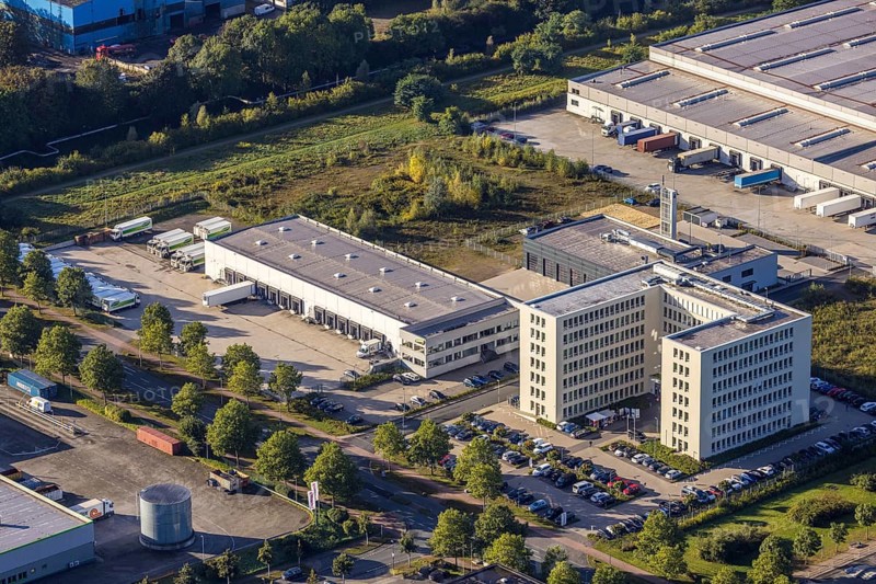 Aerial view, commercial area Koniner Straße with denree wholesaler and job centre Herne in the district Holsterhausen in Herne, Ruhr area, North Rhine-Westphalia, Germany, DE, Europe, commercial enterprises, commercial area, commercial location, commercial use, Herne, industrial area, industrial location, aerial photograph, aerial photography, aerial photography, overview, bird's-eye view, bird's-eye view, overview