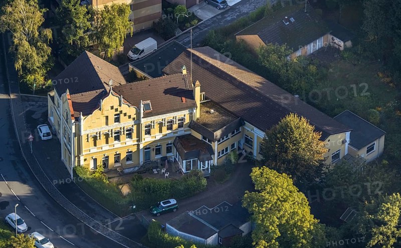 Aerial view, The border between Bochum and Herne runs right through the former Löns Mühle restaurant in the Holsterhausen district of Herne, Ruhr area, North Rhine-Westphalia, Germany, DE, Europe, Herne, aerial view, aerial photography, aerial photography, sight, overview, bird's-eye view, overview