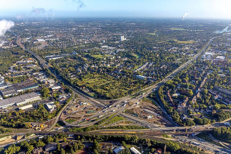 Aerial view, construction site with tunnel construction at the motorway junction Herne of the A42 and A43 in the district Baukau-West in Herne, Ruhr area, North Rhine-Westphalia, Germany, motorway, motorway junction, construction work, construction area, building site, building plots, construction project, construction site, DE, Europe, distant view, Herne, aerial view, aerial photography, aerial photography, overview, connecting tunnel, bird's-eye view, overview