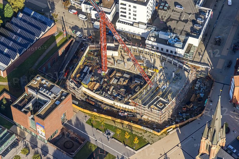 Aerial view, construction site and new building Europaplatz and Europagarten with Kreuzkirche in the district Herne-Mitte in Herne, Ruhr area, North Rhine-Westphalia, Germany, construction work, construction area, building site, building plots, construction project, construction site, DE, Europe, Europagarten, Herne, LWL-Museum für Archäologie, aerial view, aerial photography, aerial photography, museum, new building, overview, bird's-eye view, overview