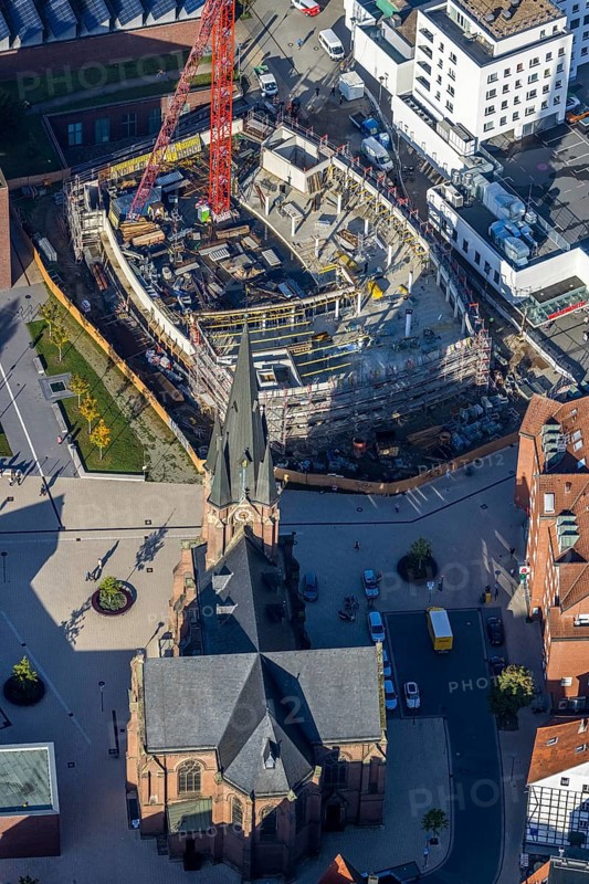 Aerial view, construction site and new building Europaplatz and Europagarten with Kreuzkirche in the district Herne-Mitte in Herne, Ruhr area, North Rhine-Westphalia, Germany, place of worship, construction work, construction area, building site, building plots, construction project, construction site, DE, Europe, Europe garden, religious community, place of worship, holy place, Herne, church, parish, denomination, aerial view, aerial photography, aerial photography, new building, religion, religious site, overview, bird's-eye view, overview