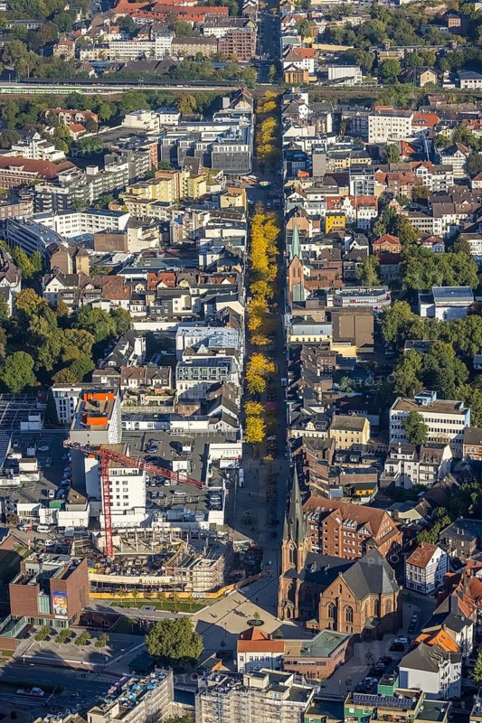 Aerial view, construction site and new building Europaplatz and Europagarten with Kreuzkirche and the pedestrian zone Bahnhofstraße in autumn colours in the district Herne-Mitte in Herne, Ruhr area, North Rhine-Westphalia, Germany, place of worship, construction work, construction area, building site, building plots, construction project, construction project, construction site, DE, Europe, Europe garden, religious community, place of worship, holy place, Herne, church, parish, denomination, aerial view, aerial photography, aerial photography, new building, religion, religious site, overview, bird's-eye view, birds-eyes view, overview