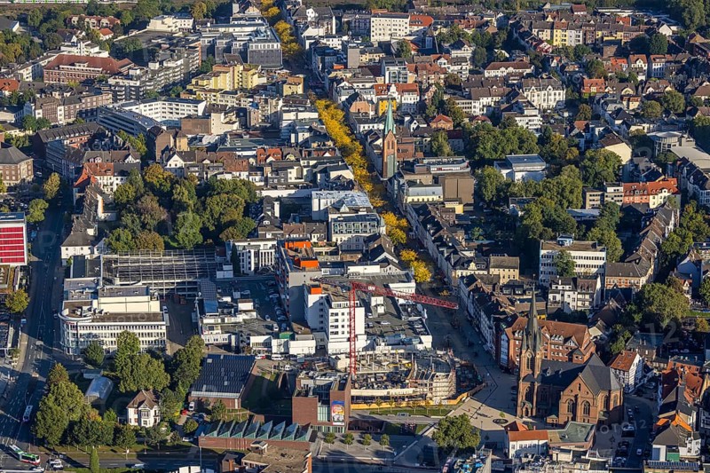 Aerial view, construction site and new building Europaplatz and Europagarten with Kreuzkirche in the district Herne-Mitte in Herne, Ruhr area, North Rhine-Westphalia, Germany, place of worship, construction work, construction area, building site, building plots, construction project, construction site, DE, Europe, Europe garden, religious community, place of worship, holy place, Herne, church, parish, denomination, aerial view, aerial photography, aerial photography, new building, religion, religious site, overview, bird's-eye view, overview