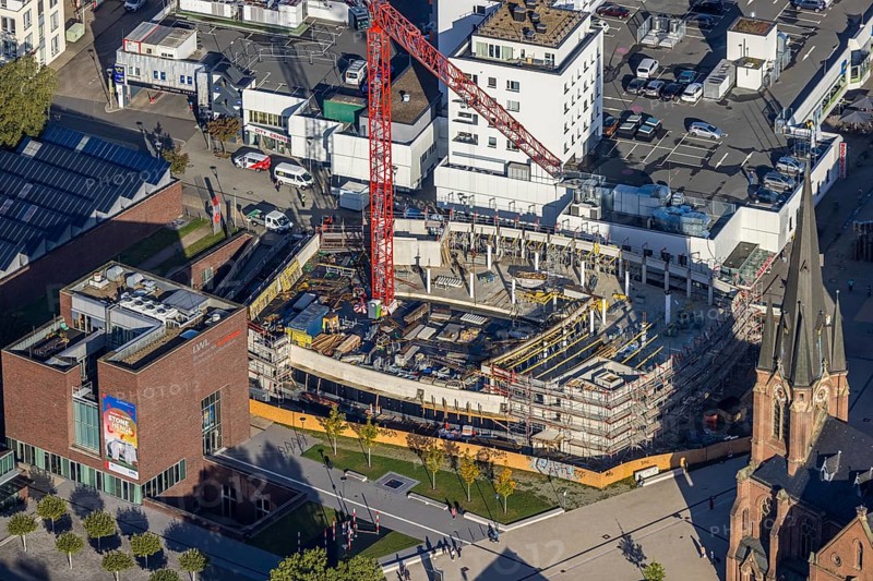 Aerial view, construction site and new building Europaplatz and Europagarten with Kreuzkirche in the district Herne-Mitte in Herne, Ruhr area, North Rhine-Westphalia, Germany, construction work, construction area, building site, building plots, construction project, construction site, DE, Europe, Europagarten, Herne, LWL-Museum für Archäologie, aerial view, aerial photography, aerial photography, new building, overview, bird's-eye view, overview