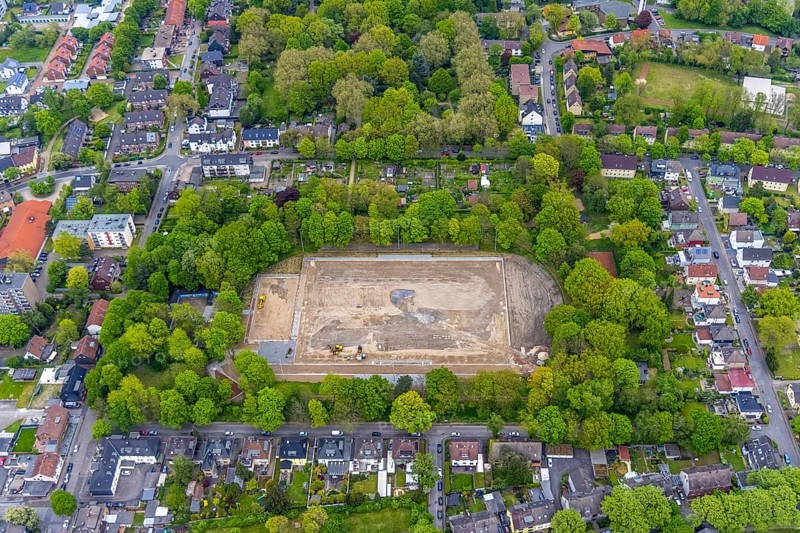 Aerial photo, construction site and modernisation Horst Stadium, Holsterhausen, Herne, Ruhr area, North Rhine-Westphalia, Germany, construction work, construction area, construction site, building plots, construction project, construction site, DE, Europe, football pitch, football stadium, aerial photo, aerial photography, aerial photography, renovation, refurbishment, sports, sports facilities, sports field, sports facility, overview, bird's-eye view, overview