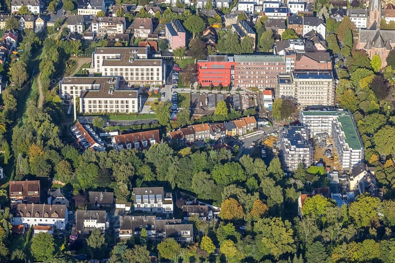 Aerial view, Widumer Höfe construction site at the Campus St. Elisabeth Group with eight educational institutions in the Sodingen district of Herne, Ruhr area, North Rhine-Westphalia, Germany, construction work, construction area, building site, building plots, construction project, construction site, educational institution, DE, Europe, Herne, Kath. Kliniken Rhein-Ruhr, aerial view, aerial photography, aerial photography, new building, overview, bird's-eye view, overview