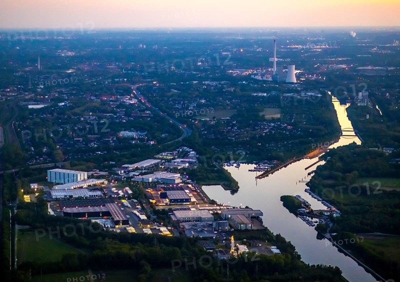 Aerial view, Herner Meer, Rhine-Herne Canal, Friedrich der Große industrial estate, Herne-East lock, STEAG Herne thermal power station, Pöppinghausen, Castrop-Rauxel, Ruhr area, North Rhine-Westphalia, Germany, sunset, DE, twilight photography, Europe, commercial enterprises, commercial area, industrial estate, industrial park, commercial location, commercial use, IGZ Herne, industrial area, industrial building, industrial location, power plant, light pollution, aerial photography, aerial photography, aerial photography, night, night photography, night flight, airlock, overview, bird's eye view, illuminated streets, birds-eyes view, nightflight, overview