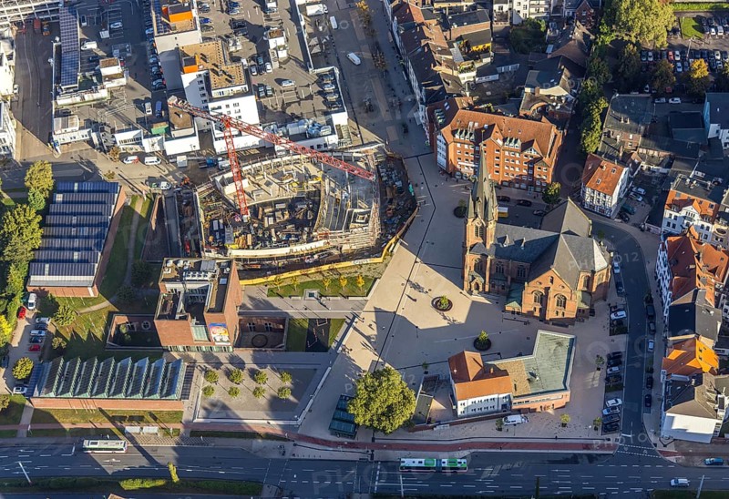 Aerial view, construction site and new building Europaplatz and Europagarten with Kreuzkirche in the district Herne-Mitte in Herne, Ruhr area, North Rhine-Westphalia, Germany, place of worship, construction work, construction area, building site, building plots, construction project, construction site, DE, Europe, Europagarten, denomination, LWL-Museum for Archaeology, aerial view, aerial photography, aerial photography, museum, new building, religion, religious site, overview, bird's-eye view, birds-eyes view, overview
