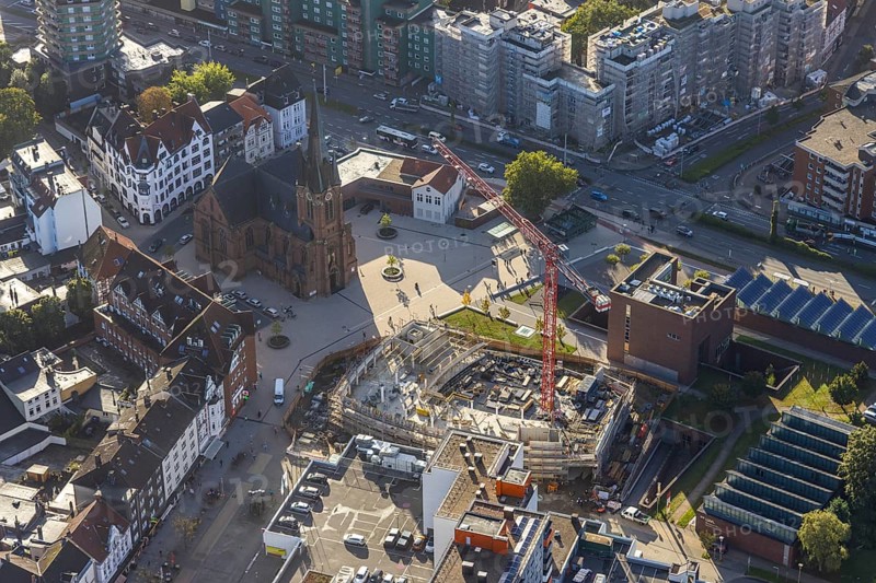 Aerial view, construction site and new building Europaplatz and Europagarten with Kreuzkirche in the district Herne-Mitte in Herne, Ruhr area, North Rhine-Westphalia, Germany, place of worship, construction work, construction area, building site, building plots, construction project, construction site, DE, Europe, Europagarten, denomination, LWL-Museum for Archaeology, aerial view, aerial photography, aerial photography, museum, new building, religion, religious site, overview, bird's-eye view, birds-eyes view, overview