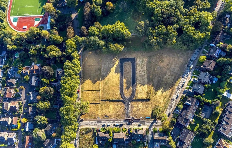 Aerial view, construction area Schäferstraße corner Am Stadtgarten for a residential quarter in the district Herne-Mitte in Herne, Ruhr area, North Rhine-Westphalia, Germany, construction work, construction area, building site, building plots, construction project, construction site, DE, Europe, Herne, aerial photograph, aerial photography, aerial photography, overview, bird's-eye view, bird's-eye view, overview