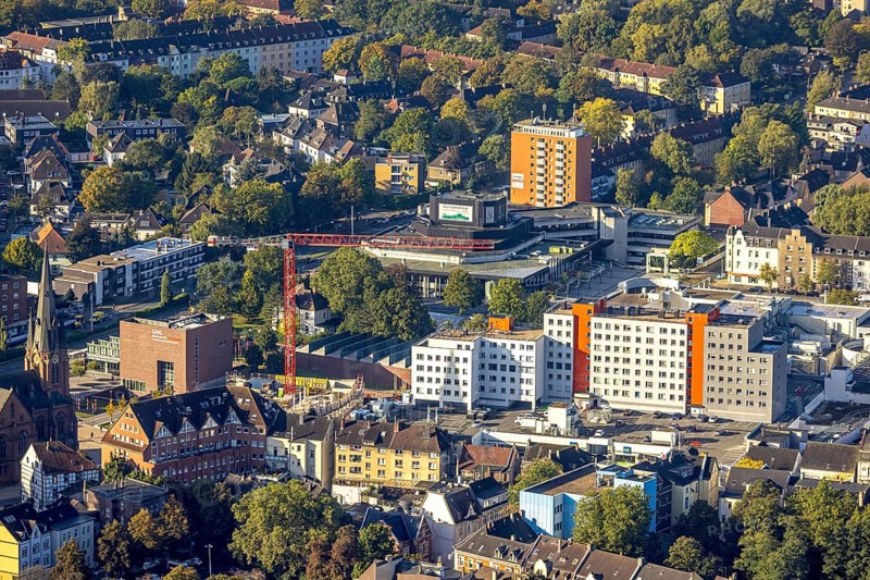 Aerial view, construction site and new building Europaplatz with Europagarten and City Center with apartment block, in the background and the cultural centre in the district Herne-Mitte in Herne, Ruhr area, North Rhine-Westphalia, Germany, construction work, construction area, building site, building plots, construction project, construction site, DE, Europe, Herne, culture, art, aerial view, aerial photography, aerial photography, new building, overview, venue, event location, bird's eye view, birds-eyes view, cultural use, overview
