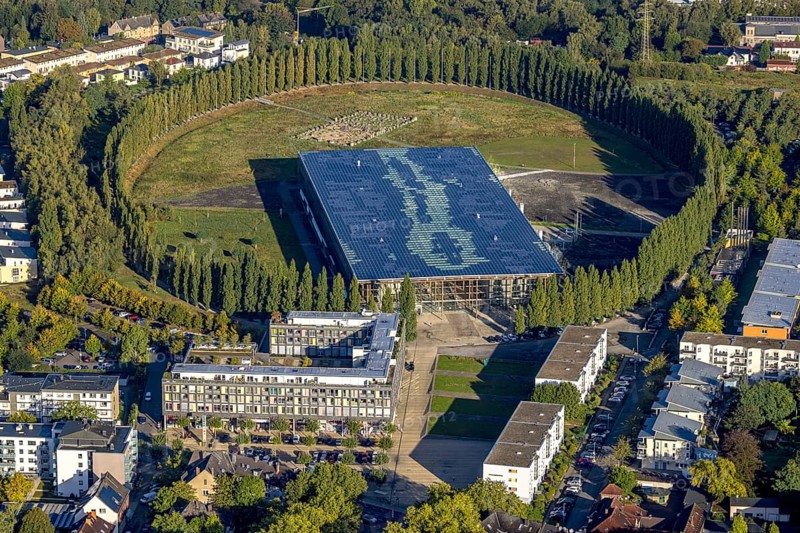 Aerial view, Mont-Cenis Academy with tree circle in the Sodingen district of Herne, Ruhr area, North Rhine-Westphalia, Germany, education, educational institution, DE, Europe, Herne, educational institute, aerial view, aerial photography, aerial photography, training centre, coal mine, overview, bird's-eye view, former Mont-Cenis colliery, former coal mine, overview