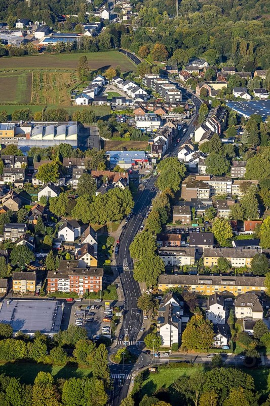 Aerial view, redesign of Castroper Straße and roundabout Sieben Spielende Kinder in the Börnig district of Herne, Ruhr area, North Rhine-Westphalia, Germany, construction work, construction area, construction site, construction project, construction site, DE, Europe, Herne, aerial view, aerial photography, aerial photography, overview, bird's-eye view, overview