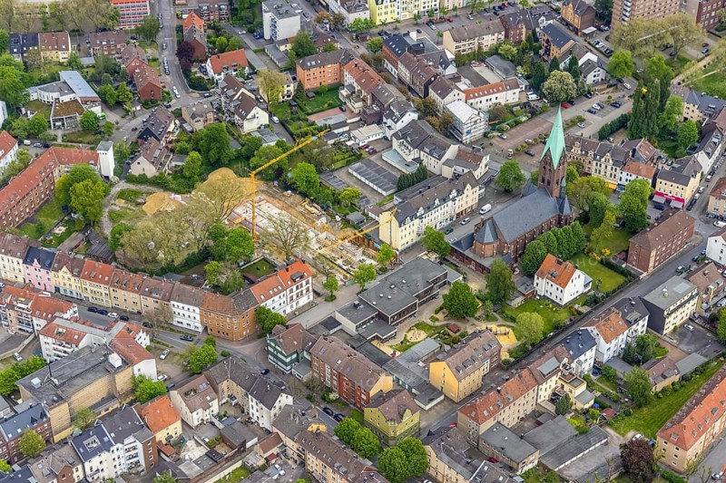 Aerial view, construction site Karlstraße for nursing home and kindergarten, St. Laurentius Church, Wanne, Herne, Ruhr area, North Rhine-Westphalia, Germany, place of worship, construction work, construction area, building site, building plots, construction project, construction site, DE, Europe, religious community, place of worship, holy place, church, parish, day-care centre, denomination, aerial view, aerial photography, aerial photography, new building, religion, religious site, overview, bird's-eye view, overview