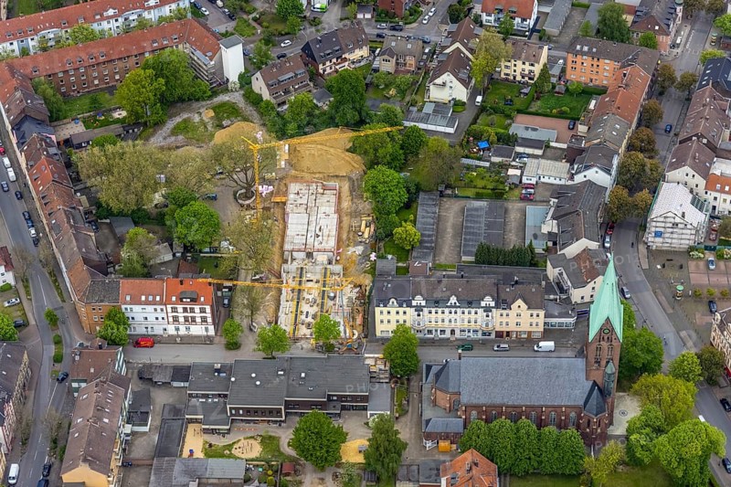 Aerial view, construction site Karlstraße for nursing home and kindergarten, St. Laurentius Church, Wanne, Herne, Ruhr area, North Rhine-Westphalia, Germany, place of worship, construction work, construction area, building site, building plots, construction project, construction site, DE, Europe, religious community, place of worship, holy place, church, parish, day-care centre, denomination, aerial view, aerial photography, aerial photography, new building, religion, religious site, overview, bird's-eye view, overview