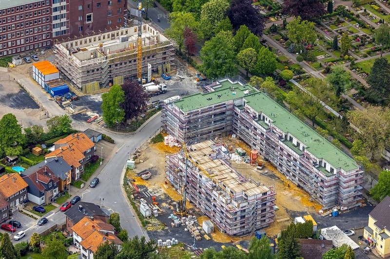 Aerial view, construction site campus of the St. Elisabeth Group, Widumer Höfe retirement homes, Ruhr education centre, Sodingen, Herne, Ruhr area, North Rhine-Westphalia, Germany, retirement home, construction work, construction, construction area, building site, building plots, construction project, construction site, care and nursing, DE, Europe, aerial view, aerial photography, aerial photography, new construction, care facility, retirement home, retirement residence, retirement home, senior centre, overview, bird's eye view, bird's eye view, overview