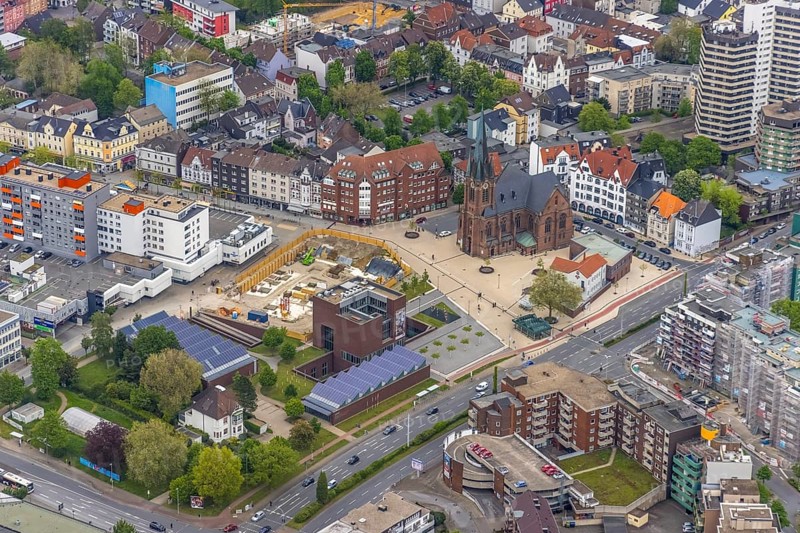 Aerial view, new construction Europagarten building at Europaplatz, LWL Museum of Archaeology, Kreuzkirche, Herne-Mitte, Herne, Ruhr area, North Rhine-Westphalia, Germany, place of worship, construction work, construction area, building site, building plots, construction project, construction site, DE, Europe, religious community, place of worship, capacity requirement, church, parish, denomination, LWL, Landschaftsverband Westfalen-Lippe, aerial view, aerial photography, aerial photography, museum, new building, photovoltaic, photovoltaic system, religion, solar, solar system, solar energy, solar energy, overview, bird's-eye view, Westphalian State Museum, birds-eyes view, overview
