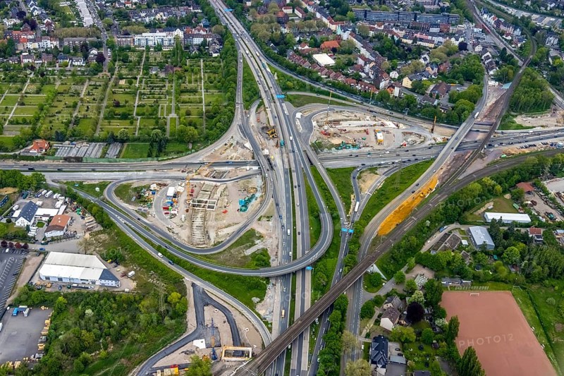 Aerial view, construction site due to A43 expansion, motorway junction Herne, motorway A42, motorway A43, Baukau, Herne, Ruhr area, North Rhine-Westphalia, Germany, motorway, motorway bridge, motorway junction, construction work, construction area, construction site, building site, construction project, construction site, DE, Europe, aerial view, aerial photography, aerial photography, new construction, overview, bird's-eye view, bird's-eye view, overview