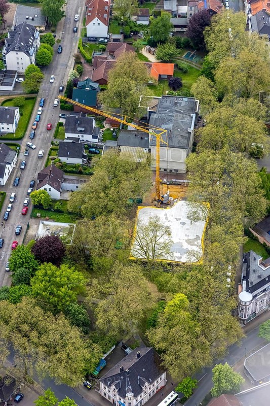 Aerial view, construction site at the primary school Max-Wiethoff, Sodingen, Herne, Ruhr area, North Rhine-Westphalia, Germany, construction work, construction area, construction site, building plots, construction crane, construction measure, construction project, construction site, education, educational institution, DE, Europe, comprehensive school, teaching institute, aerial photograph, aerial photography, aerial photography, school, overview, bird's-eye view, birds-eyes view, overview