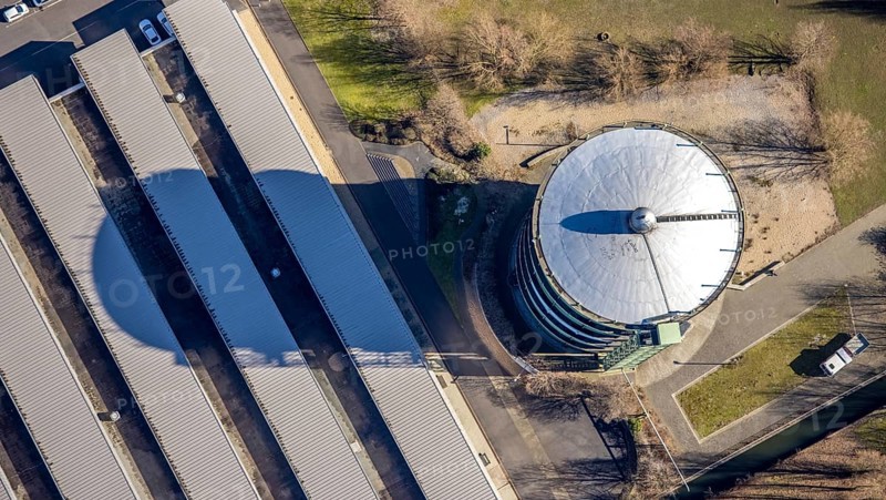 Aerial view, gasometer Herne, industrial area at the Lindenallee, Holsterhausen, Herne, Ruhr area, North Rhine-Westphalia, Germany, DE, Europe, commercial enterprises, commercial area, commercial park, commercial location, commercial use, industrial plants, industrial area, industrial location, aerial photograph, aerial photography, aerial photography, overview, bird's-eye view, birds-eyes view, overview