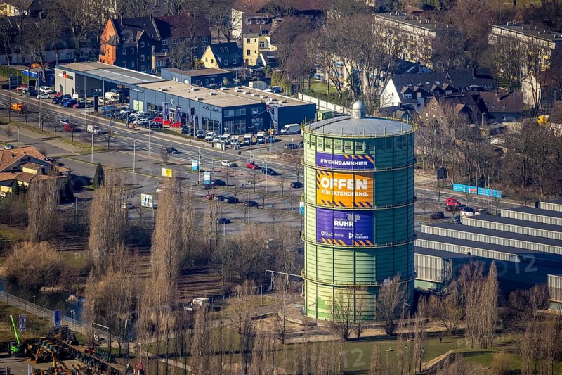 Aerial view, gasometer Herne, industrial area at the Lindenallee, Holsterhausen, Herne, Ruhr area, North Rhine-Westphalia, Germany, DE, Europe, commercial enterprises, commercial area, commercial park, commercial location, commercial use, industrial plants, industrial area, industrial location, aerial photograph, aerial photography, aerial photography, overview, bird's-eye view, birds-eyes view, overview
