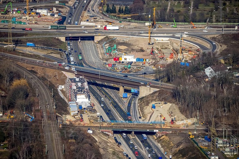 Aerial view, Herne motorway junction with new Baukau tunnel from the A43 to the A42, Baukau-West, Herne, Ruhr area, North Rhine-Westphalia, Germany, A42 motorway, A43 motorway, motorway junction, DE, Europe, distant view, aerial view, aerial photography, aerial photography, Rhine-Ruhr metropolitan region, road traffic, overview, traffic volume, bird's eye view, bird's eye view, overview