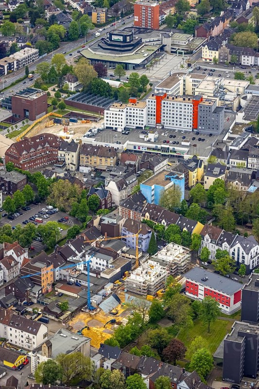 Aerial view, city centre with cultural centre Herne, Willi-Pohlmann-Platz and City-Center, construction site Hermann-Löns-Straße, Herne-Mitte, Herne, Ruhr area, North Rhine-Westphalia, Germany, construction work, construction area, building site, building plots, construction project, construction site, Caritasverband Herne e.V., City, DE, Europe, city centre, aerial view, aerial photography, aerial photography, new building, townscape, city centre, overview, bird's-eye view, overview