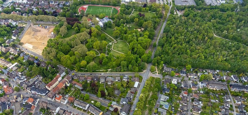 Aerial view, building site at Stadtgarten Herne, Herne-Mitte, Herne, Ruhr area, North Rhine-Westphalia, Germany, building site, building plots, brownfield, DE, Europe, aerial view, aerial photography, aerial photography, park, overview, bird's-eye view, overview