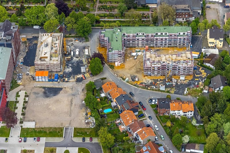 Aerial view, construction site campus of the St. Elisabeth Group, Widumer Höfe retirement homes, Ruhr education centre, Sodingen, Herne, Ruhr area, North Rhine-Westphalia, Germany, retirement home, construction work, construction, construction area, building site, building plots, construction project, construction site, care and nursing, DE, Europe, aerial view, aerial photography, aerial photography, new construction, care facility, retirement home, retirement residence, retirement home, senior centre, overview, bird's eye view, bird's eye view, overview