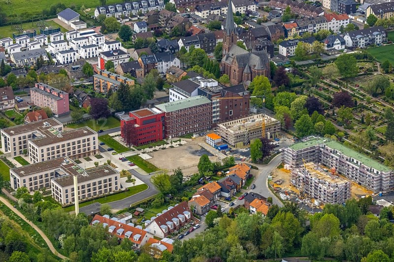 Aerial view, construction site campus of the St. Elisabeth Group, Widumer Höfe retirement homes, Ruhr Education Centre, Sodingen, Catholic Church of St. Peter and Paul, Herne, Ruhr area, North Rhine-Westphalia, Germany, retirement home, place of worship, construction work, building, construction area, building site, building plots, construction project, construction site, care and nursing, DE, Europe, faith community, place of worship, sanctuary, church, parish, denomination, aerial view, aerial photography, aerial photography, new building, care facility, religion, religious site, retirement home, retirement residence, retirement home, retirement centre, overview, bird's-eye view, overview