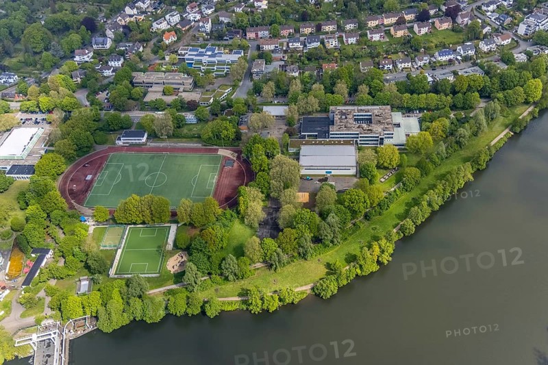 Aerial view, sports and leisure centre Bleichstein, Friedrich-Harkort-Schule, Herdecke, Ruhr area, North Rhine-Westphalia, Germany, education, educational institution, DE, Europe, football pitch, football stadium, educational institute, aerial view, aerial photography, aerial photography, school, sports facilities, sports field, sports facility, stadium, overview, bird's-eye view, water slide, birds-eyes view, overview