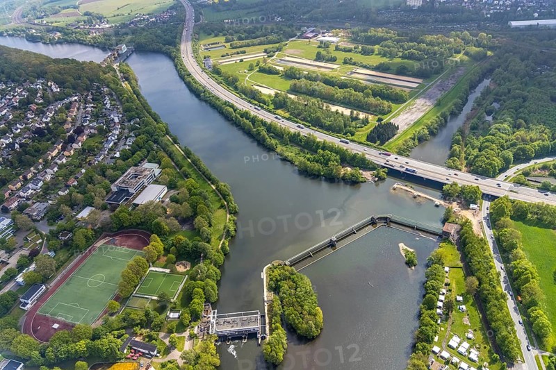 Aerial photograph, Stiftsmühle dam and power station, city boundary between Herdecke and Hagen, Boele, Hagen, Ruhr area, North Rhine-Westphalia, Germany, 2 bridges over the Weser, DE, Europe, power station, aerial photograph, aerial photography, aerial photography, overview, bird's eye view, birds-eyes view, overview
