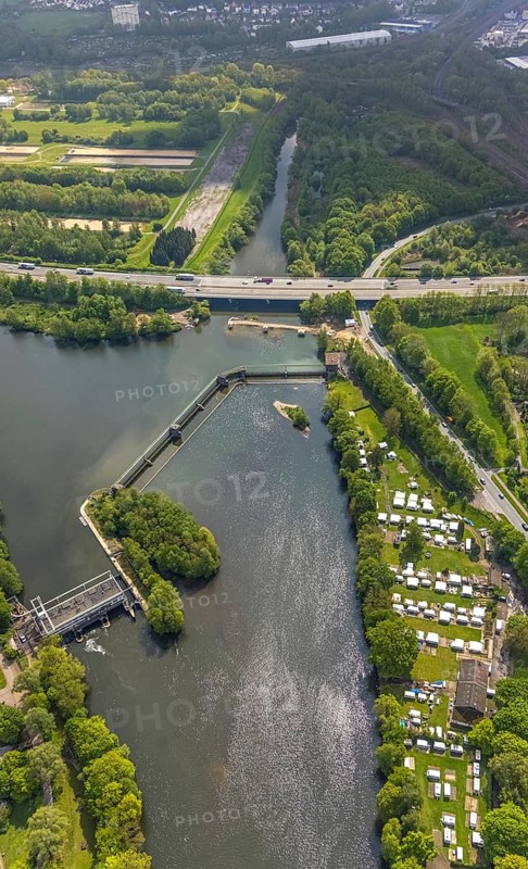 Aerial photograph, Stiftsmühle dam and power station, city boundary between Herdecke and Hagen, Boele, Hagen, Ruhr area, North Rhine-Westphalia, Germany, 2 bridges over the Weser, DE, Europe, power station, aerial photograph, aerial photography, aerial photography, overview, bird's eye view, birds-eyes view, overview