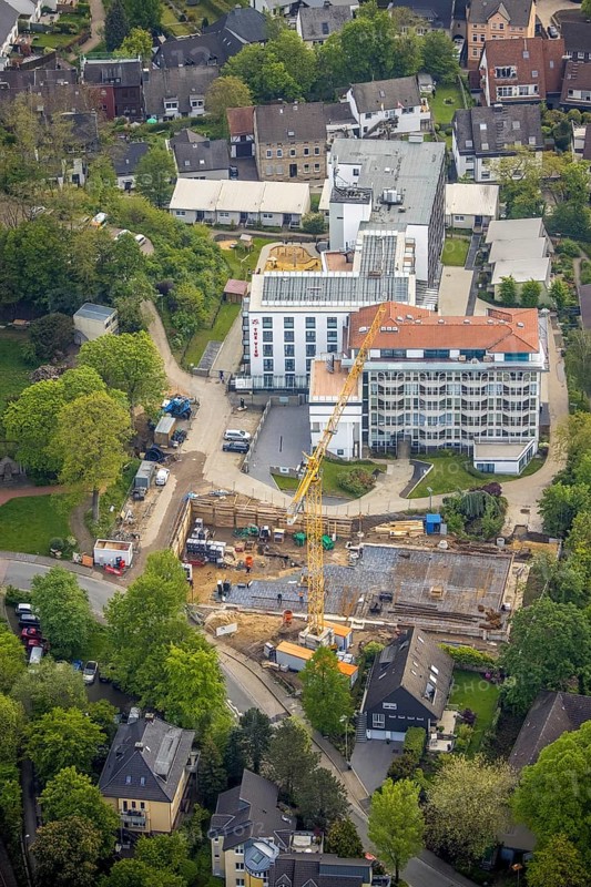 Aerial view, construction site and new construction at the retirement home GVS Herdecke, The View, Herdecke, Ruhr area, North Rhine-Westphalia, Germany, retirement home, retirement home, construction work, construction area, building site, building plots, construction crane, construction project, construction site, care and nursing, DE, Europe, non-profit association for social facilities, aerial view, aerial photography, aerial photography, new building, care facility, retirement home, retirement residence, retirement home, retirement centre, overview, bird's eye view, birds-eyes view, overview