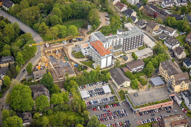 Aerial view, construction site and new construction at the retirement home GVS Herdecke, The View, Herdecke, Ruhr area, North Rhine-Westphalia, Germany, retirement home, retirement home, construction work, construction area, building site, building plots, construction crane, construction project, construction site, care and nursing, DE, Europe, non-profit association for social facilities, aerial view, aerial photography, aerial photography, new building, care facility, retirement home, retirement residence, retirement home, retirement centre, overview, bird's eye view, birds-eyes view, overview